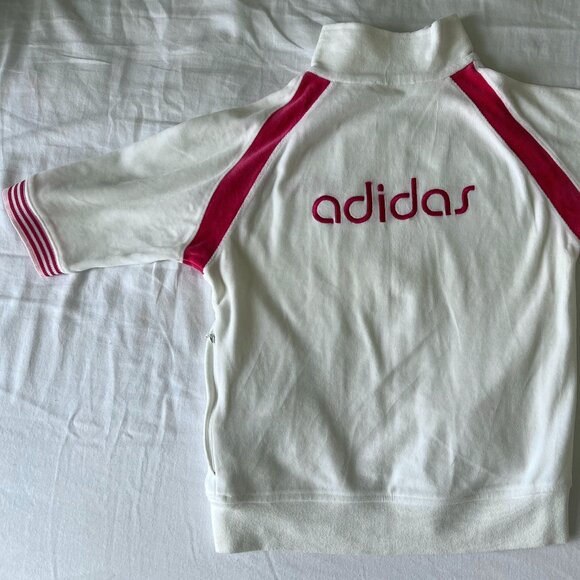 Vintage Y2K Pink & White Velvet Adidas Short Sleeve Zip Jacket - Picture 2 of 4